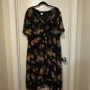 Floral‎ Chiffon Dress V Neck Short Sleeve Black Multicolor Flowy